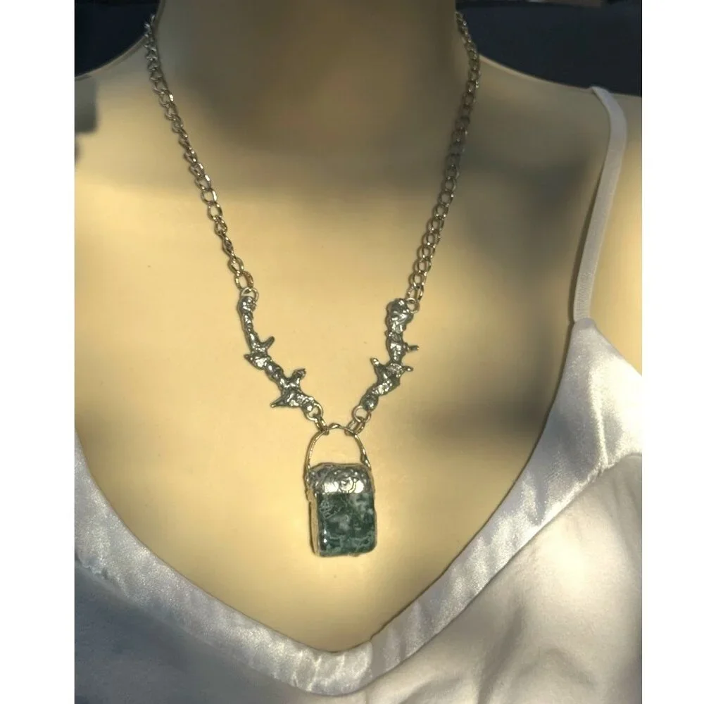 Moss Agate Pendant & Thorn Necklace Crafted w/ Silver Blend Brutalist Metalwork